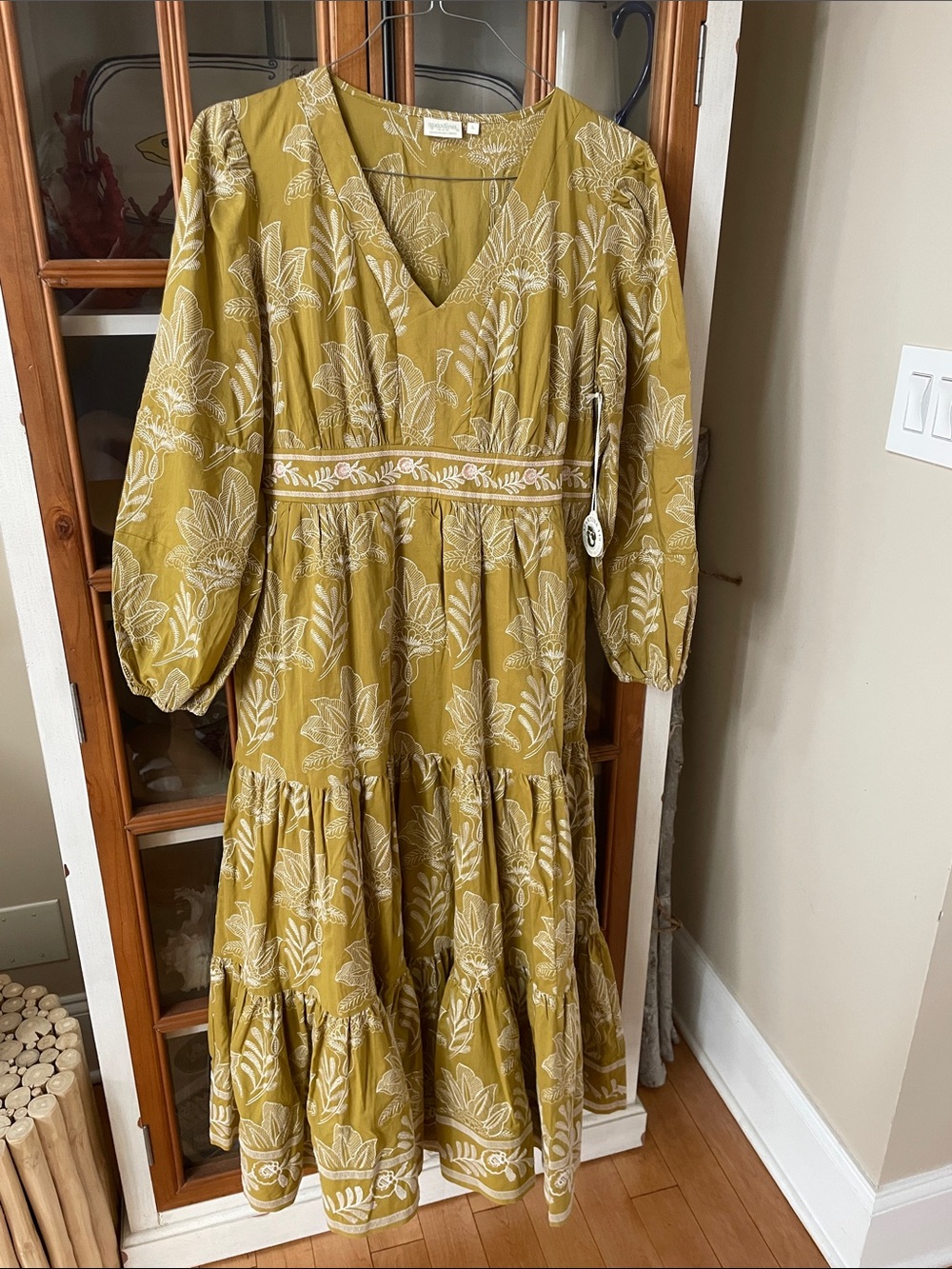 Spartina 449 Olive Green Floral V-Neck Tiered Maxi Dress NWT